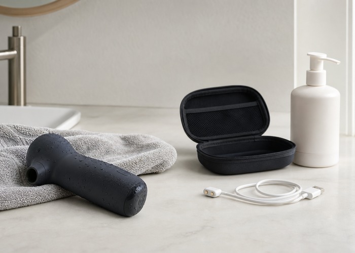 Clitoral Suction Vibrators guide product scene with air pulse toy, soft pouch, charging cable
