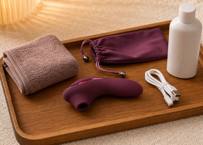 Clitoral Suction Vibrators guide product scene with air pulse toy, soft pouch, charging cable