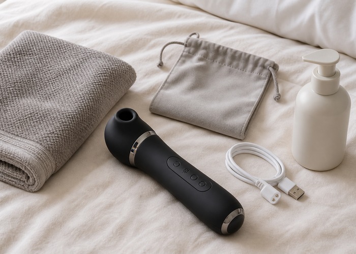 Clitoral Suction Vibrators guide product scene with air pulse toy, soft pouch, charging cable
