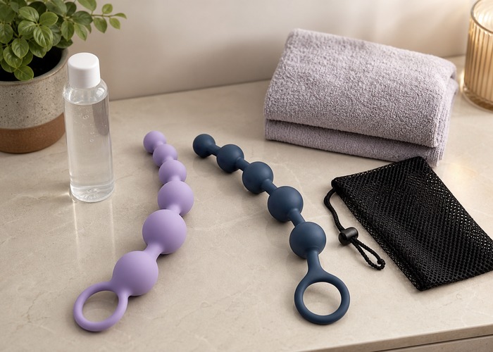 Anal Beads guide product scene with flexible bead strand, firmer bead chain, water-based lube