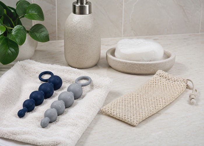 Anal Beads guide product scene with flexible bead strand, firmer bead chain, water-based lube