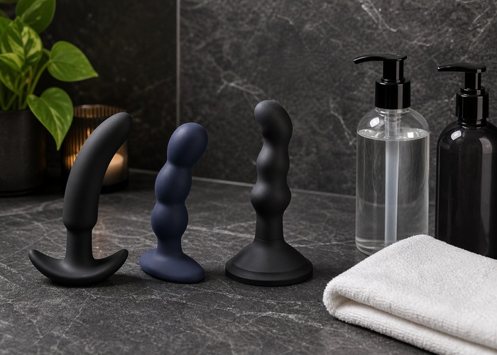 Anal Vibrators guide product scene with anal vibrator, flared base, water-based lube