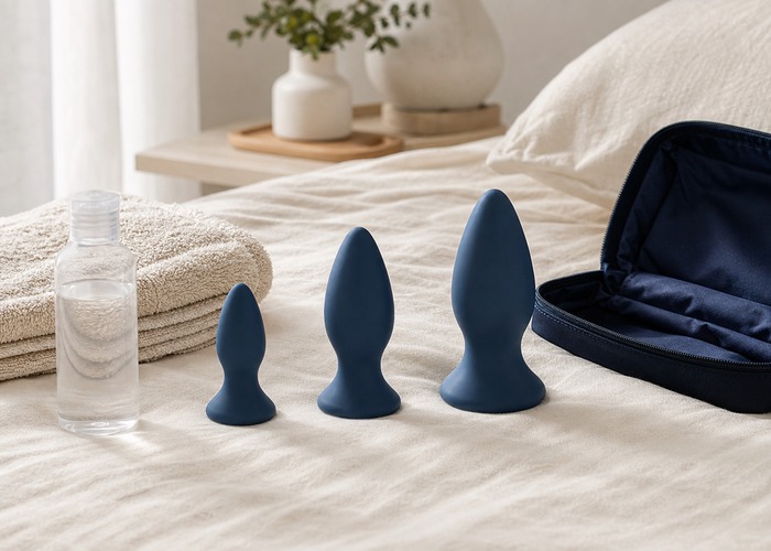 Butt Plugs guide product scene with small flared-base plug, gradual sizing, water-based lube
