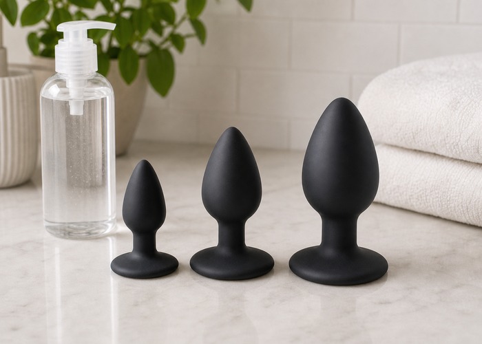 Butt Plugs guide product scene with small flared-base plug, gradual sizing, water-based lube