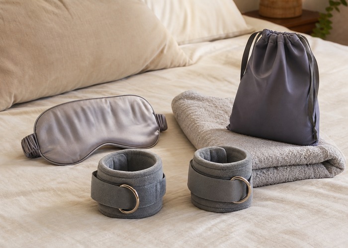 Blindfolds & Gags guide product scene with soft blindfold, fabric cuffs, quick-release tie