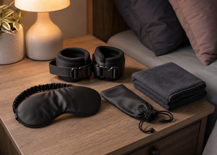 Blindfolds & Gags guide product scene with soft blindfold, fabric cuffs, quick-release tie