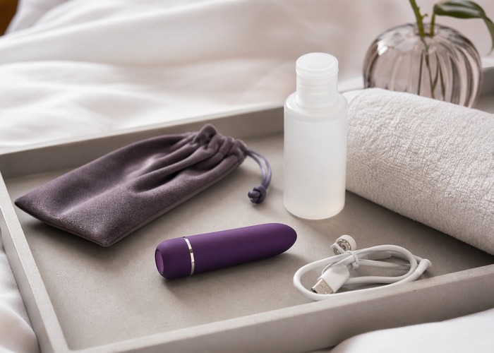 Bullet Vibrators guide product scene with bullet vibrator, water-based lube, soft towel