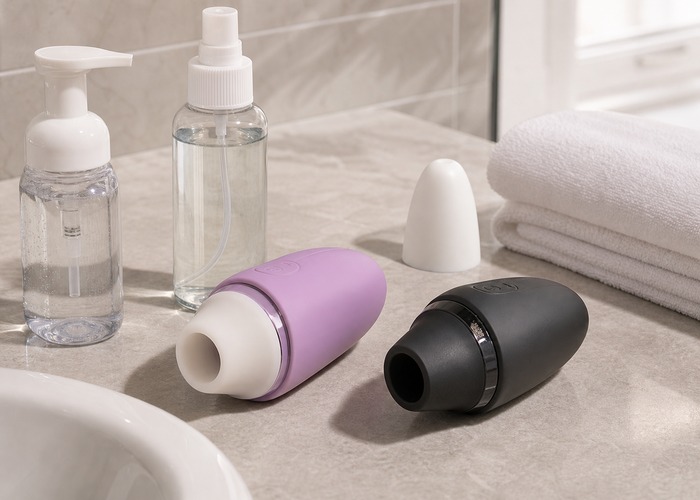Clitoral Suction Vibrators guide product scene with soft rim suction toy, firmer shell suction toy, toy cleaner