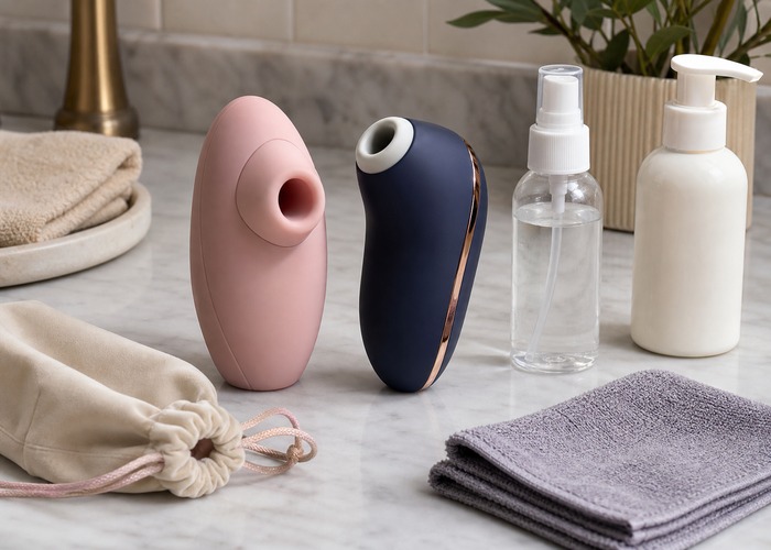 Clitoral Suction Vibrators guide product scene with soft rim suction toy, firmer shell suction toy, toy cleaner