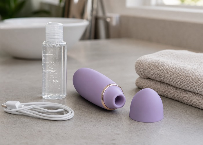 Clitoral Suction Vibrators guide product scene with air-pulse opening, water-based gel, charging cable