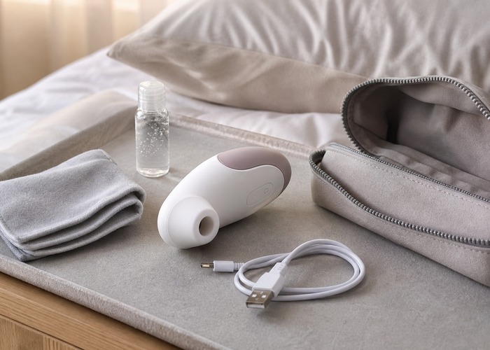 Clitoral Suction Vibrators guide product scene with air-pulse opening, water-based gel, charging cable