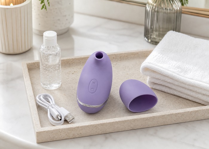Clitoral Suction Vibrators guide product scene with air-pulse opening, water-based gel, charging cable