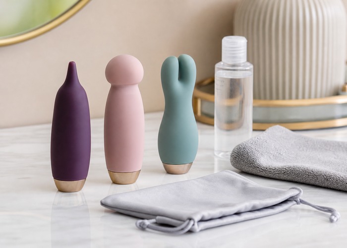 Clitoral Vibrators guide product scene with small wellness device heads, microfiber cloth, toy cleaner bottle