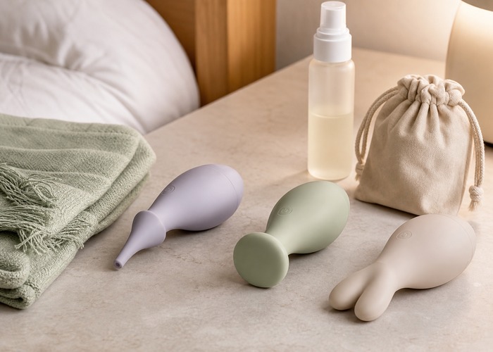 Clitoral Vibrators guide product scene with small wellness device heads, microfiber cloth, toy cleaner bottle