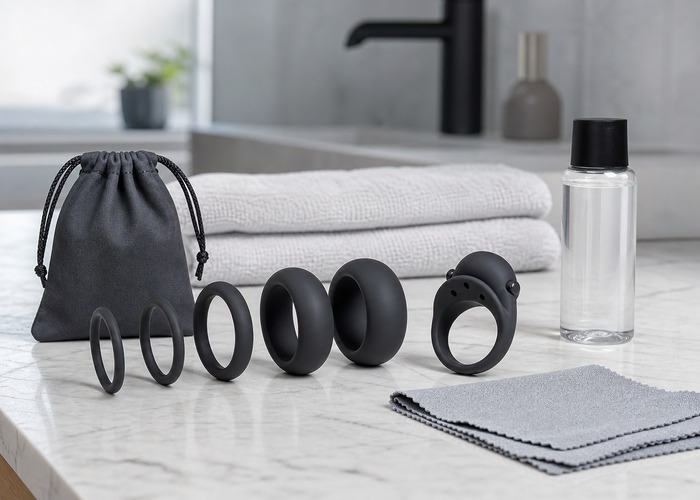Cock Rings guide product scene with soft silicone ring, adjustable ring, timing check