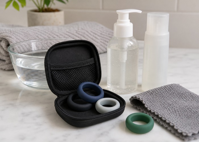 Cock Rings guide product scene with soft silicone ring, adjustable ring, timing check