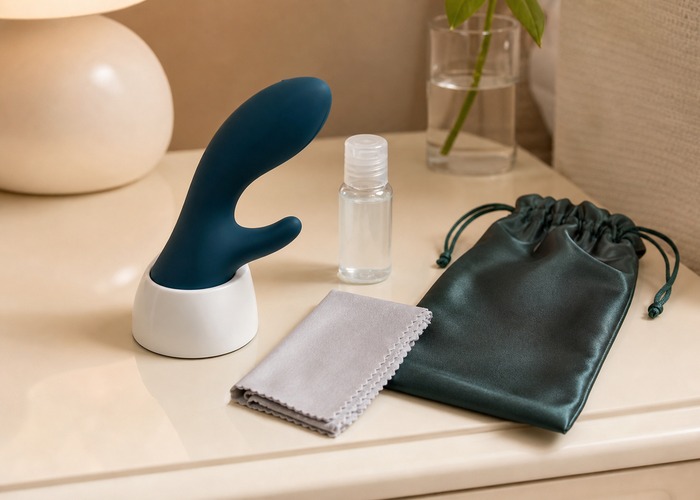 G-Spot Vibrators guide product scene with curved combo wellness device, charging dock, travel-size lube
