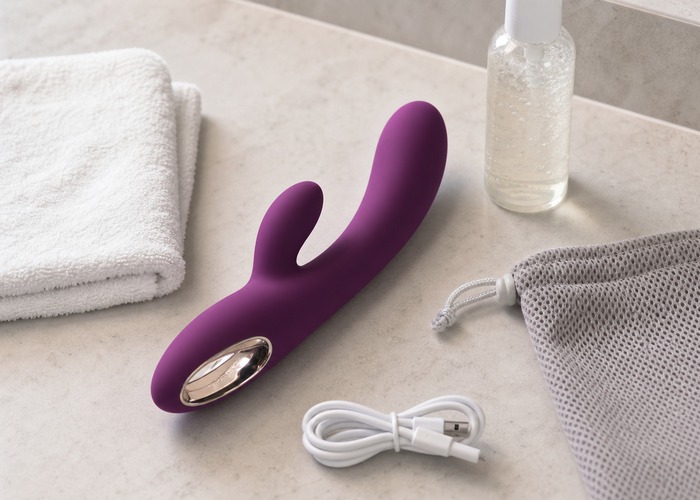 G-Spot Vibrators guide product scene with curved combo wellness device, charging dock, travel-size lube