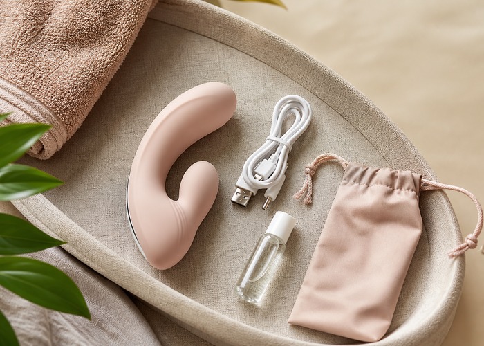 G-Spot Vibrators guide product scene with curved combo wellness device, charging dock, travel-size lube