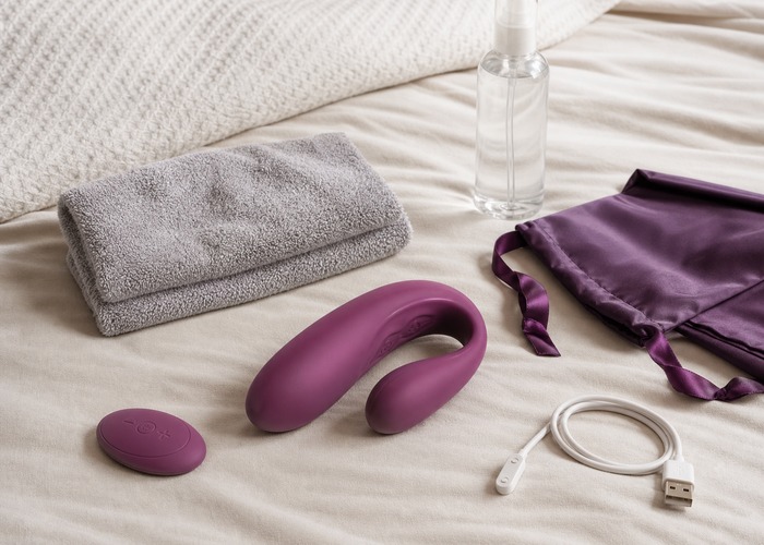 Couple Vibrators guide product scene with couple vibrator, shared remote, charging cable