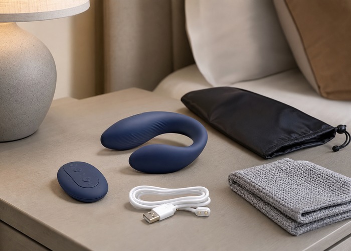 Couple Vibrators guide product scene with couple vibrator, shared remote, charging cable