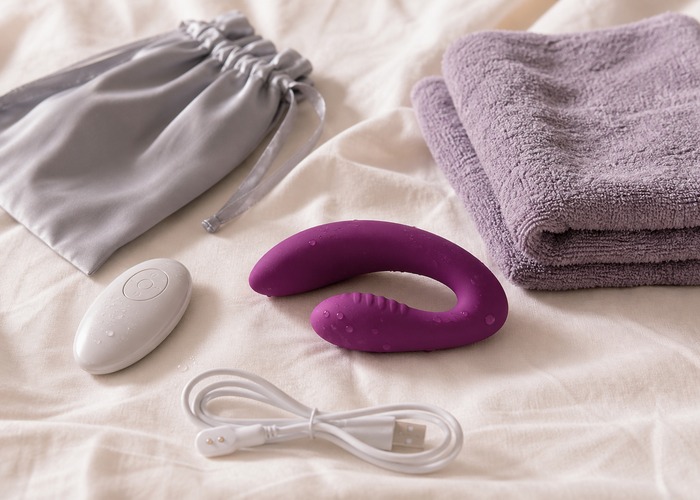 Couple Vibrators guide product scene with couple vibrator, shared remote, charging cable