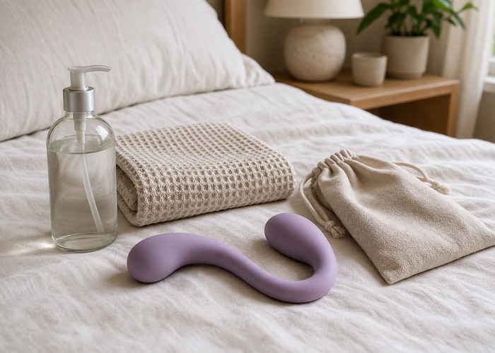 Double-Ended Dildos guide product scene with double-ended dildo, water-based lube, soft towel