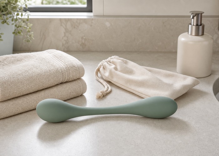 Double-Ended Dildos guide product scene with double-ended dildo, water-based lube, soft towel