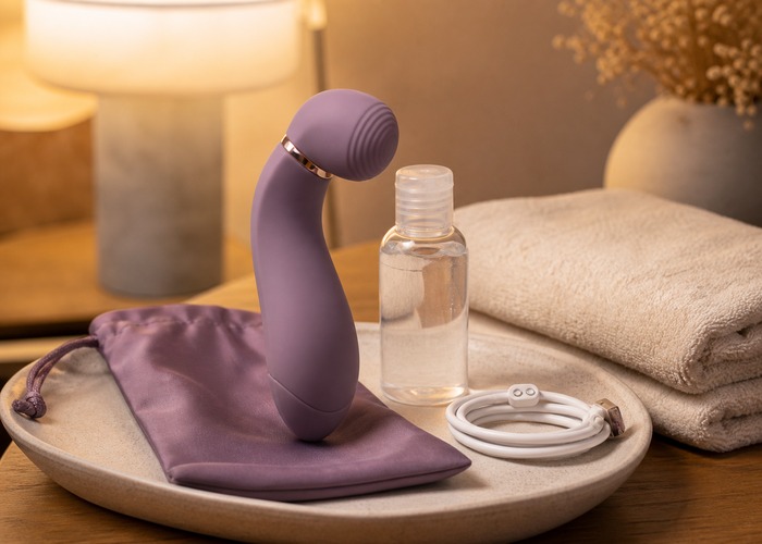 G-Spot Vibrators guide product scene with rotating head, gentle curve, water-based lube
