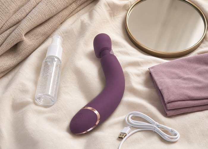 G-Spot Vibrators guide product scene with rotating head, gentle curve, water-based lube