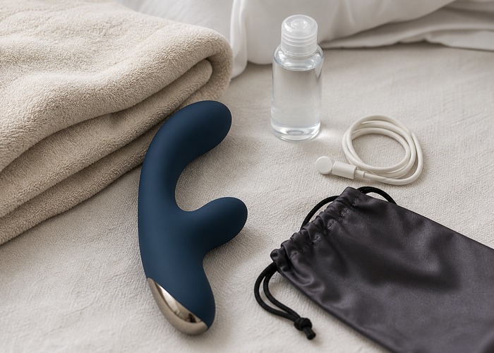 G-Spot Vibrators guide product scene with curved vibrator, water-based lube, charging cable