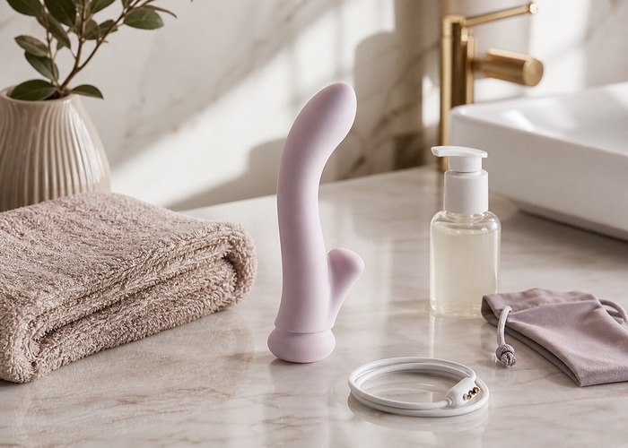 G-Spot Vibrators guide product scene with curved vibrator, water-based lube, charging cable