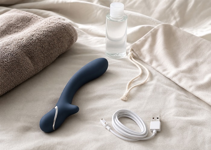 G-Spot Vibrators guide product scene with curved vibrator, water-based lube, charging cable