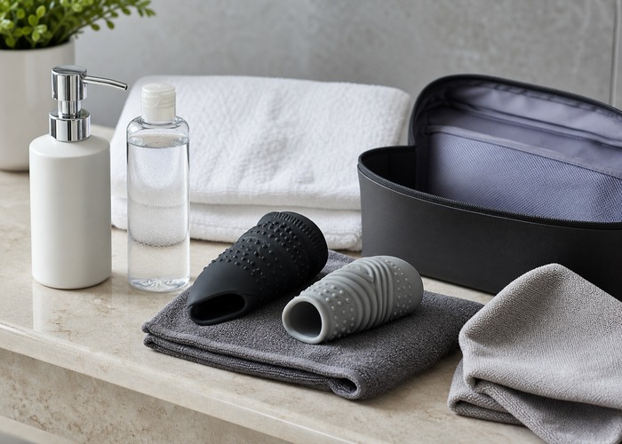 Strokers guide product scene with textured sleeve, water-based lube, mild soap