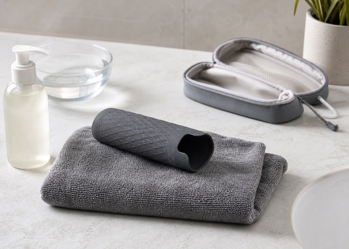 Strokers guide product scene with textured sleeve, water-based lube, mild soap