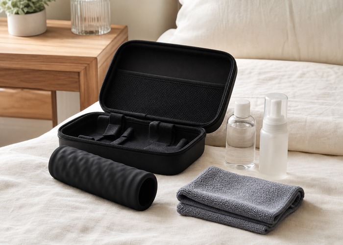 Strokers guide product scene with textured sleeve, water-based lube, mild soap
