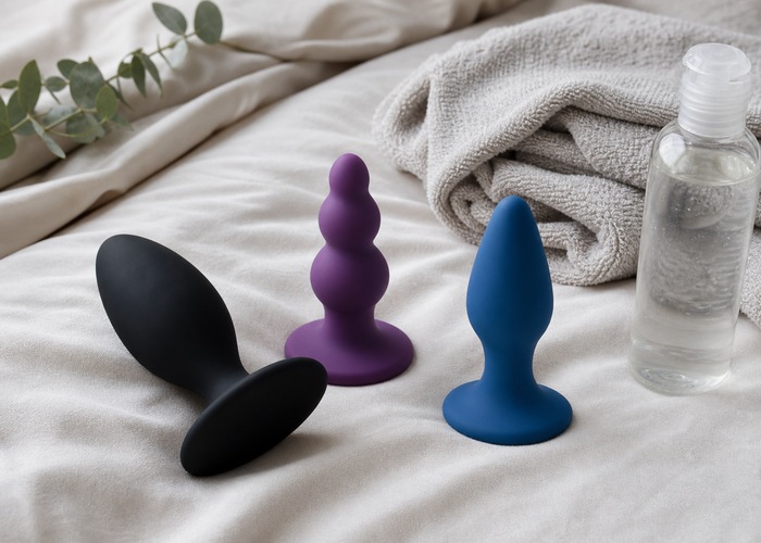 Flared-base anal toys, lubricant bottle, and folded towel arranged on neutral bedding