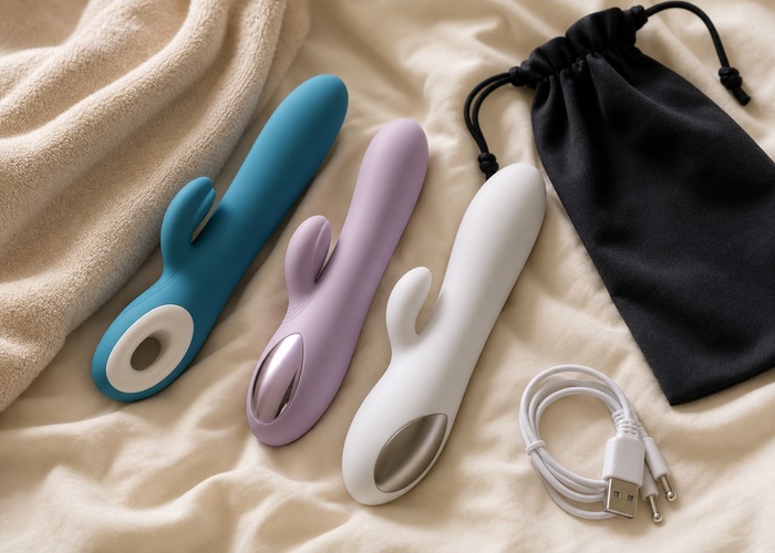 Clean rabbit vibrators, soft towel, storage pouch, and charging cable arranged on cream bedding