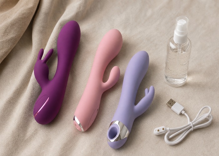 Rabbit vibrators with different curves and arm spacing placed beside a charging cable and lubricant bottle