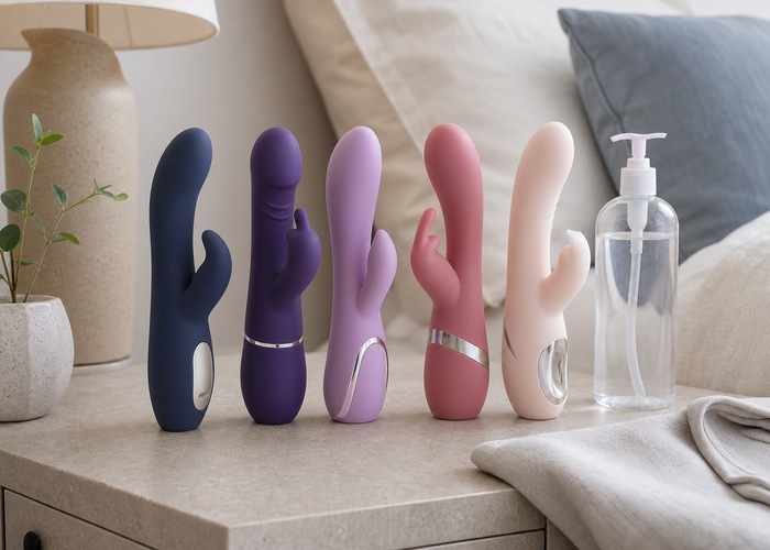 Different rabbit vibrators, lubricant bottle, and folded cloth arranged on a neutral bedside table