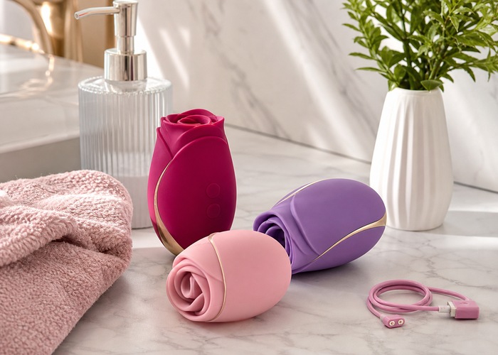 Rose-shaped adult wellness products with mild soap, towel, and storage pouch on a bathroom counter