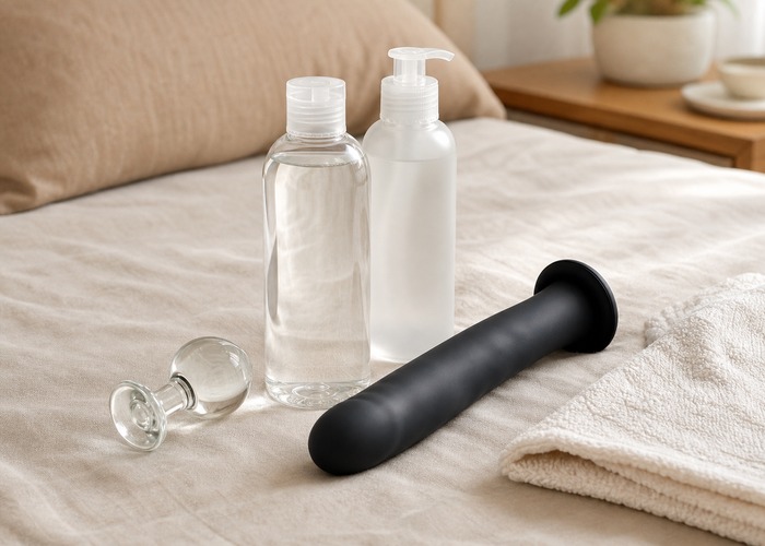 Water-based and silicone lubricant bottles beside clean silicone and glass sex toys on neutral bedding