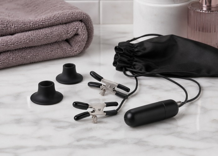 Nipple Toys guide product scene with adjustable clamps, silicone tip covers, mini bullet vibrator