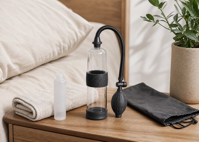Penis Pumps guide product scene with clear cylinder, manual pump bulb, comfort sleeve