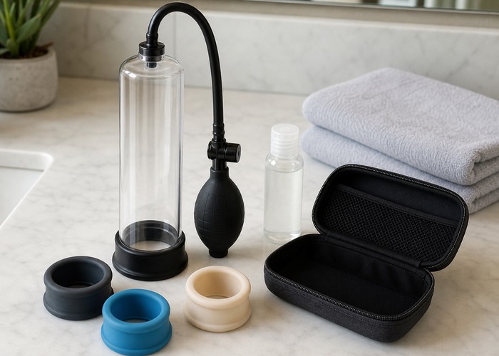 Penis Pumps guide product scene with clear cylinder, manual pump bulb, comfort sleeve
