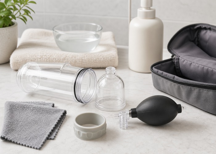Penis Pumps guide product scene with clear cylinder, manual pump bulb, comfort sleeve