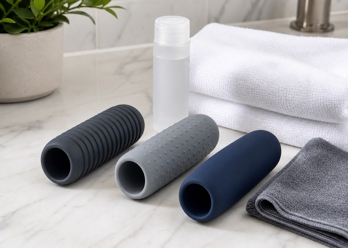 Pocket Pussies guide product scene with ribbed texture, dotted texture, smooth sleeve