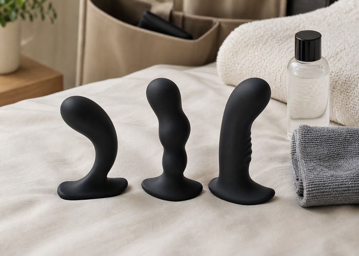 Prostate Massagers guide product scene with curved silicone massager, flared base, handle control