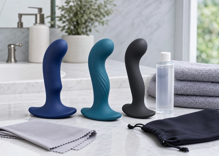 Prostate Massagers guide product scene with curved silicone massager, flared base, handle control