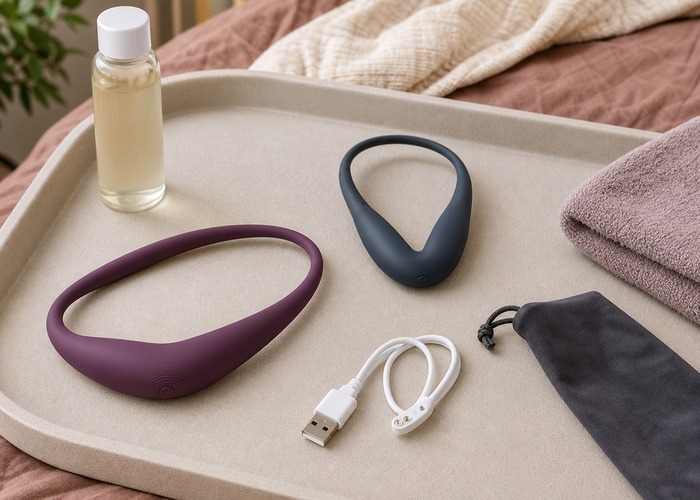 Rabbit Vibrators guide product scene with dual-arm wellness device, water-based lube, charging cable